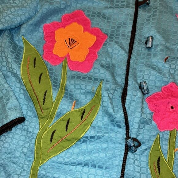 Vintage Julia Kim Embroidered Flowers Blazer Medium Blue Artsy Crazy Funky - Picture 2 of 5